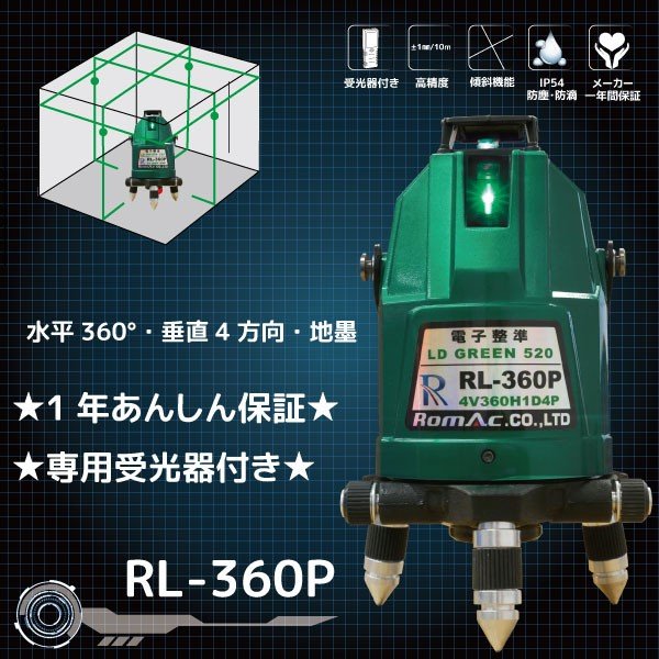 【送料無料】ロマックグリーンレーザー墨出器RL-360P電子生準全方向受光器付1年間完全保証